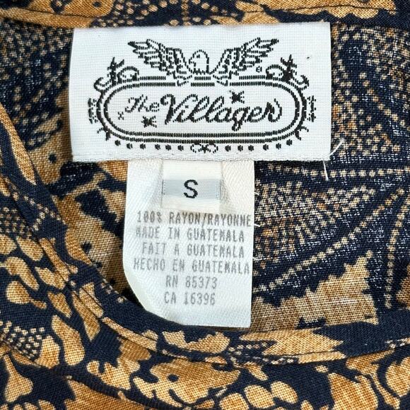 Vintage Villager Navy and Gold Blouse Women's Small Shoulder Pads Leaf Pattern - Picture 3 of 8